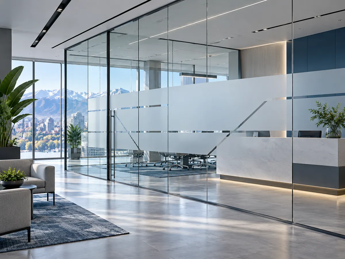Ejemplo conceptual de decoración empavonada en recepción de oficina